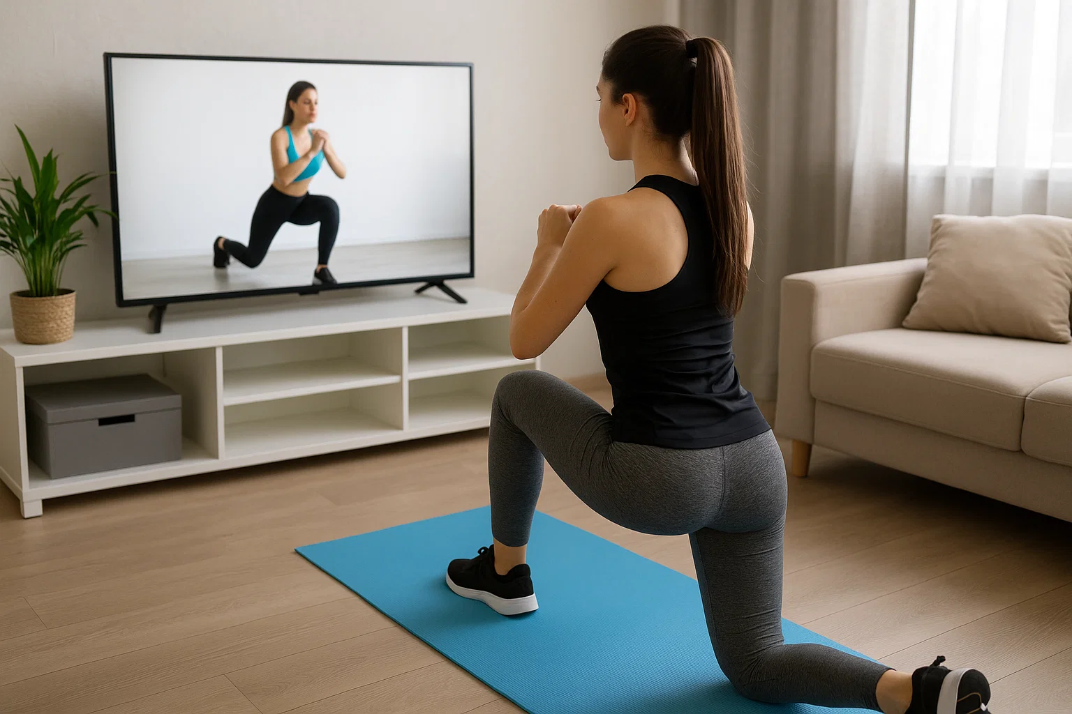 Woman watching fitness workout on TV